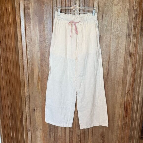 NWOT Grey Lab Ivory Linen Wide Leg Pants Size Small Paper Bag Waist - Picture 2 of 6